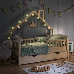 Lit Cabane „Noemi" 80x160cm Nature Avec Matelas Et 2 Tiroirs VitaliSpa -Lit enfant Soldes Boutique 59119953 4