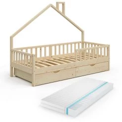 Lit Cabane „Noemi" 90x200cm Nature Avec Matelas Et 2 Tiroirs VitaliSpa