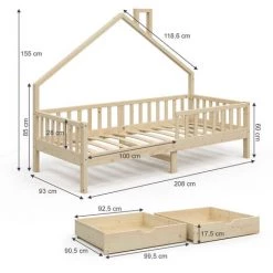 Lit Cabane „Noemi" 90x200cm Nature Avec Matelas Et 2 Tiroirs VitaliSpa -Lit enfant Soldes Boutique 59119954 3