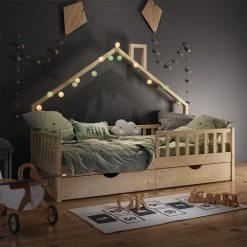 Lit Cabane „Noemi" 90x200cm Nature Avec Matelas Et 2 Tiroirs VitaliSpa -Lit enfant Soldes Boutique 59119954 4