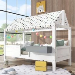 MERAX Lit Cabane Enfant 90 X 200 Cm En Bois De Pin Massif Décor Blanc, Sommier à Lattes Et Bo?te De Rangement, 3 Combinaison, Sans Matelas