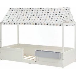MERAX Lit Cabane Enfant 90 X 200 Cm En Bois De Pin Massif Décor Blanc, Sommier à Lattes Et Bo?te De Rangement, 3 Combinaison, Sans Matelas -Lit enfant Soldes Boutique 59133356 4