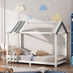 MERAX Lit Cabane 200 X 90 Cm Lattes De Bois épissées Tricolores, Lit Ludique En Bois Massif Avec Sommier à Lattes Décor Blanc