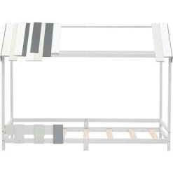 MERAX Lit Cabane 200 X 90 Cm Lattes De Bois épissées Tricolores, Lit Ludique En Bois Massif Avec Sommier à Lattes Décor Blanc -Lit enfant Soldes Boutique 59411627 3