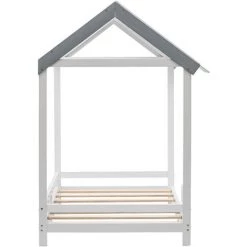 MERAX Lit Cabane 200 X 90 Cm Lattes De Bois épissées Tricolores, Lit Ludique En Bois Massif Avec Sommier à Lattes Décor Blanc -Lit enfant Soldes Boutique 59411627 5