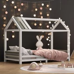 MERAX Lit Cabane 200 X 90 Cm Décor Blanc En Bois Massif Avec Sommier à Lattes Pour Gar?ons Et Filles, Maison De Lit De Jeu