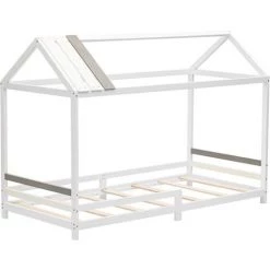 MERAX Lit Cabane 200 X 90 Cm Décor Blanc En Bois Massif Avec Sommier à Lattes Pour Gar?ons Et Filles, Maison De Lit De Jeu -Lit enfant Soldes Boutique 59411653 3