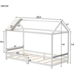 MERAX Lit Cabane 200 X 90 Cm Décor Blanc En Bois Massif Avec Sommier à Lattes Pour Gar?ons Et Filles, Maison De Lit De Jeu -Lit enfant Soldes Boutique 59411653 5