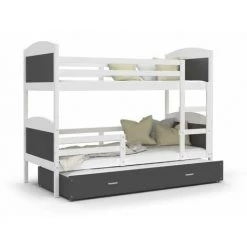 KIDS LITERIE Lit Superposé 3 Places Mateo 90x190 Blanc - Gris Livré Avec Sommiers, Tiroir Et Matelas En Mousse De 7cm - Blanc - Gris