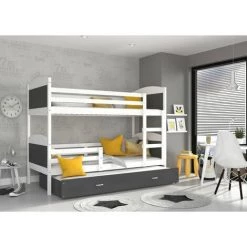 KIDS LITERIE Lit Superposé 3 Places Mateo 90x190 Blanc - Gris Livré Avec Sommiers, Tiroir Et Matelas En Mousse De 7cm - Blanc - Gris -Lit enfant Soldes Boutique 60051620 3