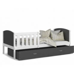 KIDS LITERIE Lit Enfant Tomy 90x190 Blanc - Gris Livré Avec Sommiers, Tiroir Et Matelas En Mousse De 7cm - Blanc - Gris