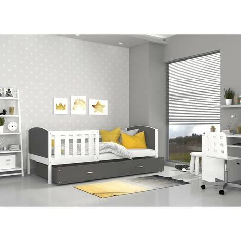 KIDS LITERIE Lit Enfant Tomy 90x190 Blanc - Gris Livré Avec Sommiers, Tiroir Et Matelas En Mousse De 7cm - Blanc - Gris 2 KIDS LITERIE Lit Enfant Tomy 90x190 Blanc - Gris Livré Avec Sommiers, Tiroir Et Matelas En Mousse De 7cm - Blanc - Gris – Image 2