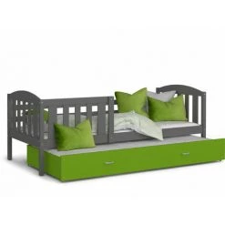 KIDS LITERIE Lit Gigogne Teo 90x190 Gris - Vert Livré Avec Sommiers, Tiroir Et Matelas En Mousse De 7cm - Gris - Vert