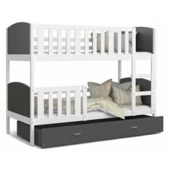 KIDS LITERIE Lit Superposé Tami 90x190 (Sans Matelas) Blanc - Gris Livré Avec Le Sommiers Et Tiroir. - Blanc - Gris