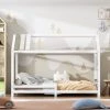 Lit Cabane Enfant 90 X 200 Cm-Décoration Coutures Tricolores-Bois Massif Blanc Fortuna Lai