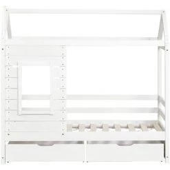 Lit Cabane,lit Enfant, Lit Simple, 80*160 Cm, Avec Fenêtre, Avec Anti-chute Et Sommier à Lattes, Blanc?Fortuna Lai
