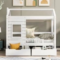 Lit Cabane,lit Enfant, Lit Simple, 80*160 Cm, Avec Fenêtre, Avec Anti-chute Et Sommier à Lattes, Blanc?Fortuna Lai -Lit enfant Soldes Boutique 60241149 3