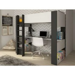 VENTE-UNIQUE.COM Lit Mezzanine Avec Bureau Et Rangements Intégrés - 90 X 200 Cm - Blanc Et Anthracite - NOAH II - Gris Anthracite, Blanc