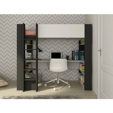 VENTE-UNIQUE.COM Lit Mezzanine Avec Bureau Et Rangements Intégrés - 90 X 200 Cm - Blanc Et Anthracite - NOAH II - Gris Anthracite, Blanc 2 VENTE-UNIQUE.COM Lit Mezzanine Avec Bureau Et Rangements Intégrés - 90 X 200 Cm - Blanc Et Anthracite - NOAH II - Gris Anthracite, Blanc – Image 2