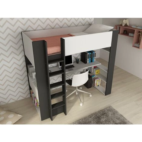 VENTE-UNIQUE.COM Lit Mezzanine Avec Bureau Et Rangements Intégrés - 90 X 200 Cm - Blanc Et Anthracite - NOAH II - Gris Anthracite, Blanc 3 VENTE-UNIQUE.COM Lit Mezzanine Avec Bureau Et Rangements Intégrés - 90 X 200 Cm - Blanc Et Anthracite - NOAH II - Gris Anthracite, Blanc – Image 3