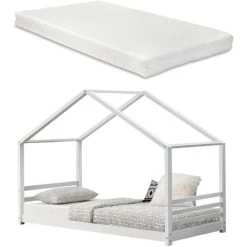 Lit Cabane Vardø Avec Grille Et Matelas à Mousse à Froid 90 X 200 Cm Blanc [en.casa]