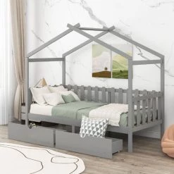 MERAX Lit Cabane Enfant 200 X 90 Cm Avec 2 Tiroirs Et Toit, Lit De Jeux En Bois De Massif De Pin, Sommier Et Barrières Inclus, Gris