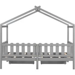 MERAX Lit Cabane Enfant 200 X 90 Cm Avec 2 Tiroirs Et Toit, Lit De Jeux En Bois De Massif De Pin, Sommier Et Barrières Inclus, Gris -Lit enfant Soldes Boutique 60721247 3
