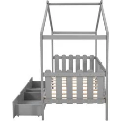 MERAX Lit Cabane Enfant 200 X 90 Cm Avec 2 Tiroirs Et Toit, Lit De Jeux En Bois De Massif De Pin, Sommier Et Barrières Inclus, Gris -Lit enfant Soldes Boutique 60721247 4