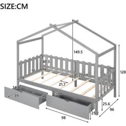 MERAX Lit Cabane Enfant 200 X 90 Cm Avec 2 Tiroirs Et Toit, Lit De Jeux En Bois De Massif De Pin, Sommier Et Barrières Inclus, Gris -Lit enfant Soldes Boutique 60721247 5