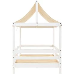 MERAX Lit Cabane Pour Enfant 190 X 90 Cm Avec Barrières En Bois De Pin Massif, Toit En Tissu, Sommier à Lattes Inclus, Blanc -Lit enfant Soldes Boutique 61078402 4