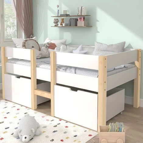 GROSMONDE 90 X 200 Cm Bett Kinderbett Mit Schublade Und Rausfallschutz, Kiefer-Vollholz-Weiß Eiche 1 GROSMONDE 90 X 200 Cm Bett Kinderbett Mit Schublade Und Rausfallschutz, Kiefer-Vollholz-Weiß Eiche