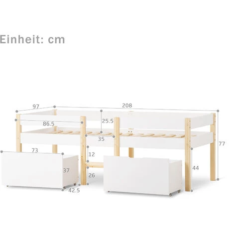 GROSMONDE 90 X 200 Cm Bett Kinderbett Mit Schublade Und Rausfallschutz, Kiefer-Vollholz-Weiß Eiche 2 GROSMONDE 90 X 200 Cm Bett Kinderbett Mit Schublade Und Rausfallschutz, Kiefer-Vollholz-Weiß Eiche – Image 2
