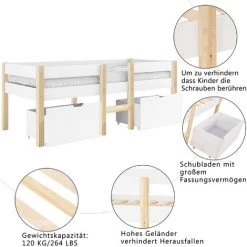 GROSMONDE 90 X 200 Cm Bett Kinderbett Mit Schublade Und Rausfallschutz, Kiefer-Vollholz-Weiß Eiche 7 GROSMONDE 90 X 200 Cm Bett Kinderbett Mit Schublade Und Rausfallschutz, Kiefer-Vollholz-Weiß Eiche -Lit enfant Soldes Boutique 61572527 3