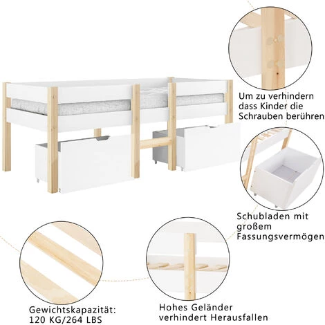 GROSMONDE 90 X 200 Cm Bett Kinderbett Mit Schublade Und Rausfallschutz, Kiefer-Vollholz-Weiß Eiche 3 GROSMONDE 90 X 200 Cm Bett Kinderbett Mit Schublade Und Rausfallschutz, Kiefer-Vollholz-Weiß Eiche – Image 3