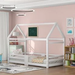 GROSMONDE 90 X 200 Cm Kinderbett Hausbett, Holzbett Für Kinderzimmer, Inkl. Tafel|Lattenrosten|Rausfallschutz, Aus Kiefernholz, Wei&szlig (ohne Matratze)