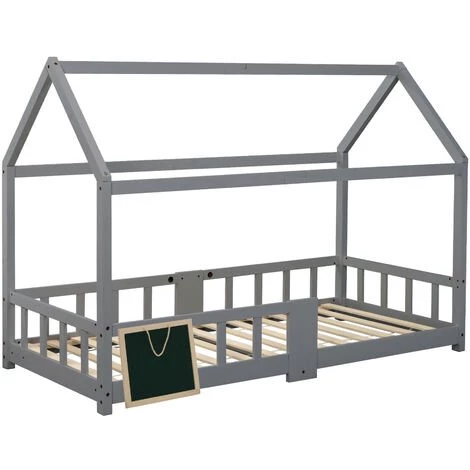 FORTUNA LAI Lit Cabane Enfant, Cadre De Lit En Bois De Pin Massif, Avec Sommier à Lattes Et Toit, Avec Protection Contre Les Chutes, 90 X 200 Cm-Gris 1 FORTUNA LAI Lit Cabane Enfant, Cadre De Lit En Bois De Pin Massif, Avec Sommier à Lattes Et Toit, Avec Protection Contre Les Chutes, 90 X 200 Cm-Gris