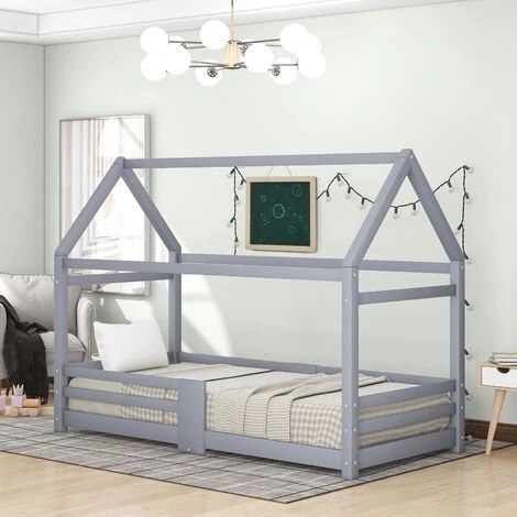 FORTUNA LAI Lit Cabane Enfant, Cadre De Lit En Bois De Pin Massif, Avec Sommier à Lattes Et Toit, Avec Protection Contre Les Chutes, 90 X 200 Cm-Gris 3 FORTUNA LAI Lit Cabane Enfant, Cadre De Lit En Bois De Pin Massif, Avec Sommier à Lattes Et Toit, Avec Protection Contre Les Chutes, 90 X 200 Cm-Gris – Image 3