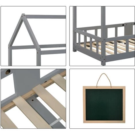 FORTUNA LAI Lit Cabane Enfant, Cadre De Lit En Bois De Pin Massif, Avec Sommier à Lattes Et Toit, Avec Protection Contre Les Chutes, 90 X 200 Cm-Gris 4 FORTUNA LAI Lit Cabane Enfant, Cadre De Lit En Bois De Pin Massif, Avec Sommier à Lattes Et Toit, Avec Protection Contre Les Chutes, 90 X 200 Cm-Gris – Image 4