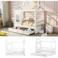 JN.SONGS Lit Maison Cabane Lit D'enfants 160x80 Cm En Bois Massif Avec 2 Tiroirs Et Sommier à Lattes Pour Garçons Et Filles, Blanc 7 JN.SONGS Lit Maison Cabane Lit D'enfants 160x80 Cm En Bois Massif Avec 2 Tiroirs Et Sommier à Lattes Pour Garçons Et Filles, Blanc -Lit enfant Soldes Boutique 63780344 3