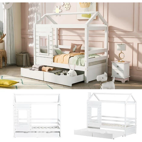 JN.SONGS Lit Maison Cabane Lit D'enfants 160x80 Cm En Bois Massif Avec 2 Tiroirs Et Sommier à Lattes Pour Garçons Et Filles, Blanc 3 JN.SONGS Lit Maison Cabane Lit D'enfants 160x80 Cm En Bois Massif Avec 2 Tiroirs Et Sommier à Lattes Pour Garçons Et Filles, Blanc – Image 3