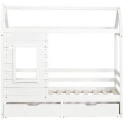 JN.SONGS Lit Maison Cabane Lit D'enfants 160x80 Cm En Bois Massif Avec 2 Tiroirs Et Sommier à Lattes Pour Garçons Et Filles, Blanc 8 JN.SONGS Lit Maison Cabane Lit D'enfants 160x80 Cm En Bois Massif Avec 2 Tiroirs Et Sommier à Lattes Pour Garçons Et Filles, Blanc -Lit enfant Soldes Boutique 63780344 4