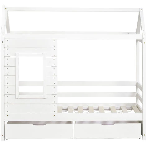 JN.SONGS Lit Maison Cabane Lit D'enfants 160x80 Cm En Bois Massif Avec 2 Tiroirs Et Sommier à Lattes Pour Garçons Et Filles, Blanc 4 JN.SONGS Lit Maison Cabane Lit D'enfants 160x80 Cm En Bois Massif Avec 2 Tiroirs Et Sommier à Lattes Pour Garçons Et Filles, Blanc – Image 4