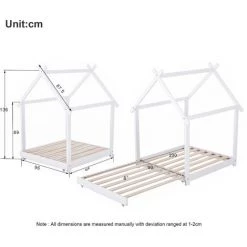 JN.SONGS Lit Enfant 90x200 Cm Lit Maison En Bois Massif Lit Convertible Au Sol Avec Lattes Pour Garçons Et Filles - Blanc -Lit enfant Soldes Boutique 63780361 5