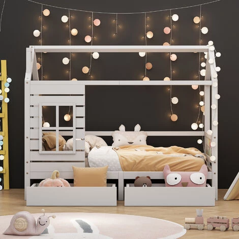 JN.SONGS Lit Maison Cabane Lit D'enfants 90x200 Cm En Bois Massif Avec 2 Tiroirs Et Sommier à Lattes Pour Garçons Et Filles, Blanc 2 JN.SONGS Lit Maison Cabane Lit D'enfants 90x200 Cm En Bois Massif Avec 2 Tiroirs Et Sommier à Lattes Pour Garçons Et Filles, Blanc – Image 2