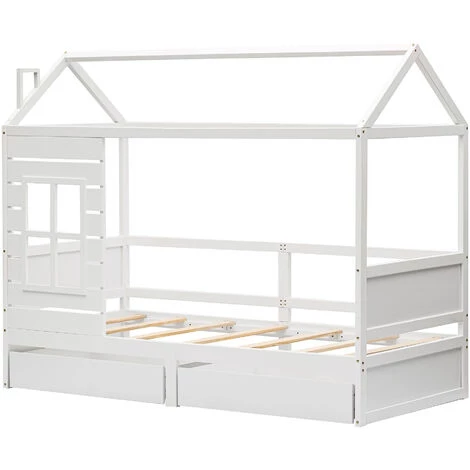 JN.SONGS Lit Maison Cabane Lit D'enfants 90x200 Cm En Bois Massif Avec 2 Tiroirs Et Sommier à Lattes Pour Garçons Et Filles, Blanc 3 JN.SONGS Lit Maison Cabane Lit D'enfants 90x200 Cm En Bois Massif Avec 2 Tiroirs Et Sommier à Lattes Pour Garçons Et Filles, Blanc – Image 3