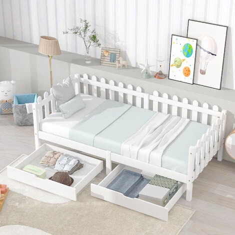 MERAX Lit Cabane 200x90cm, Lit Enfant Avec 2 Tiroirs En MDF, Tiroirs Sur Roulettes, Sommier à Lattes En Pin, Blanc 2 MERAX Lit Cabane 200x90cm, Lit Enfant Avec 2 Tiroirs En MDF, Tiroirs Sur Roulettes, Sommier à Lattes En Pin, Blanc – Image 2