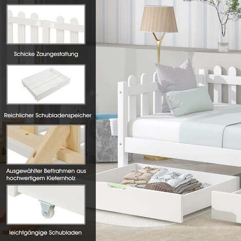 MERAX Lit Cabane 200x90cm, Lit Enfant Avec 2 Tiroirs En MDF, Tiroirs Sur Roulettes, Sommier à Lattes En Pin, Blanc 3 MERAX Lit Cabane 200x90cm, Lit Enfant Avec 2 Tiroirs En MDF, Tiroirs Sur Roulettes, Sommier à Lattes En Pin, Blanc – Image 3