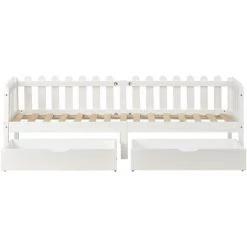 MERAX Lit Cabane 200x90cm, Lit Enfant Avec 2 Tiroirs En MDF, Tiroirs Sur Roulettes, Sommier à Lattes En Pin, Blanc 8 MERAX Lit Cabane 200x90cm, Lit Enfant Avec 2 Tiroirs En MDF, Tiroirs Sur Roulettes, Sommier à Lattes En Pin, Blanc -Lit enfant Soldes Boutique 64087886 4