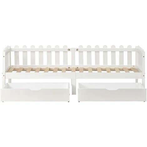 MERAX Lit Cabane 200x90cm, Lit Enfant Avec 2 Tiroirs En MDF, Tiroirs Sur Roulettes, Sommier à Lattes En Pin, Blanc 4 MERAX Lit Cabane 200x90cm, Lit Enfant Avec 2 Tiroirs En MDF, Tiroirs Sur Roulettes, Sommier à Lattes En Pin, Blanc – Image 4