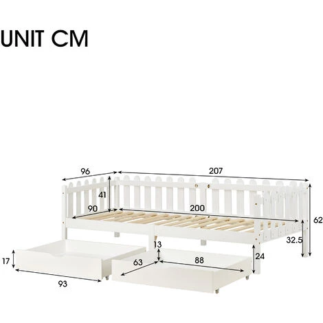 MERAX Lit Cabane 200x90cm, Lit Enfant Avec 2 Tiroirs En MDF, Tiroirs Sur Roulettes, Sommier à Lattes En Pin, Blanc 5 MERAX Lit Cabane 200x90cm, Lit Enfant Avec 2 Tiroirs En MDF, Tiroirs Sur Roulettes, Sommier à Lattes En Pin, Blanc – Image 5